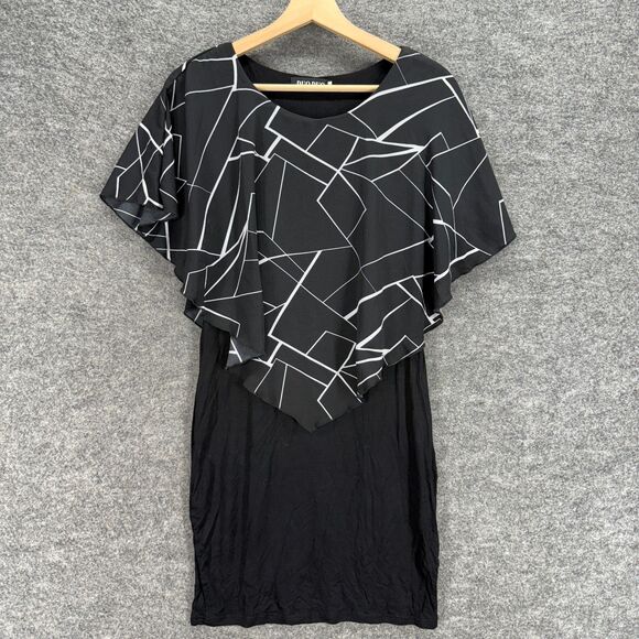 DuoDuo Dress Women XL Black Geometric Shift Midi Short Sleeve Round Neck - Picture 1 of 7